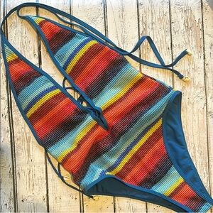 Vibrant Colorful One Piece Swimsuit with Halter Neck and Seashell details